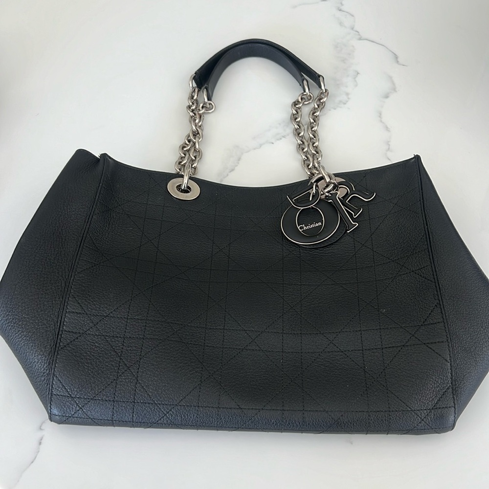 Christian Dior Black Leather Tote Silver Hardware